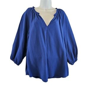 Calvin Klein Blouse Womens Small Blue Textured Peasant Top V-Neck 3/4 Sleeve
